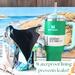 A 40 ounce tumbler is pictured beside a water bottle bag, while the interior layer of waterproof canvas is turned out to display the canvas.